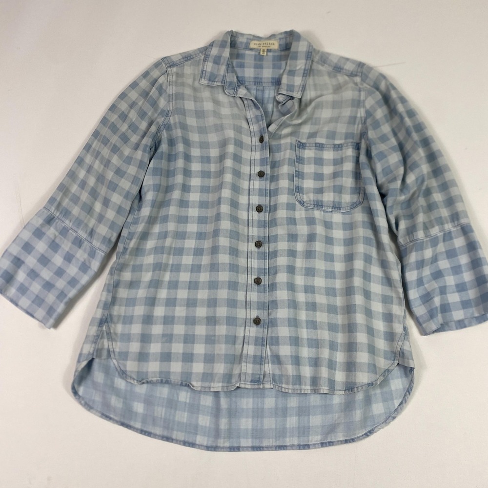 Side Stitch Shirt Womens XS Blue White Gingham Plaid Button Front Lyocell Pocket
